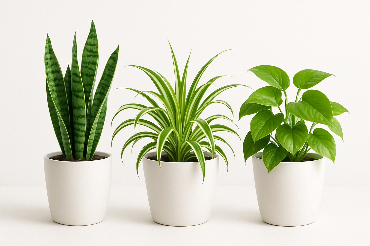 Healthy Home Trio – The Ultimate Oxygen Combo (Snake Plant + Spider + Money Plant) Plant Saplings + Premium White pot.