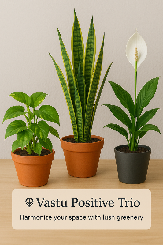 Vastu Positive Trio – Balance Energy, Bring Fortune (Money Plant + Snake Plant + Peace Lily) Plant Saplings + Premium White pot.